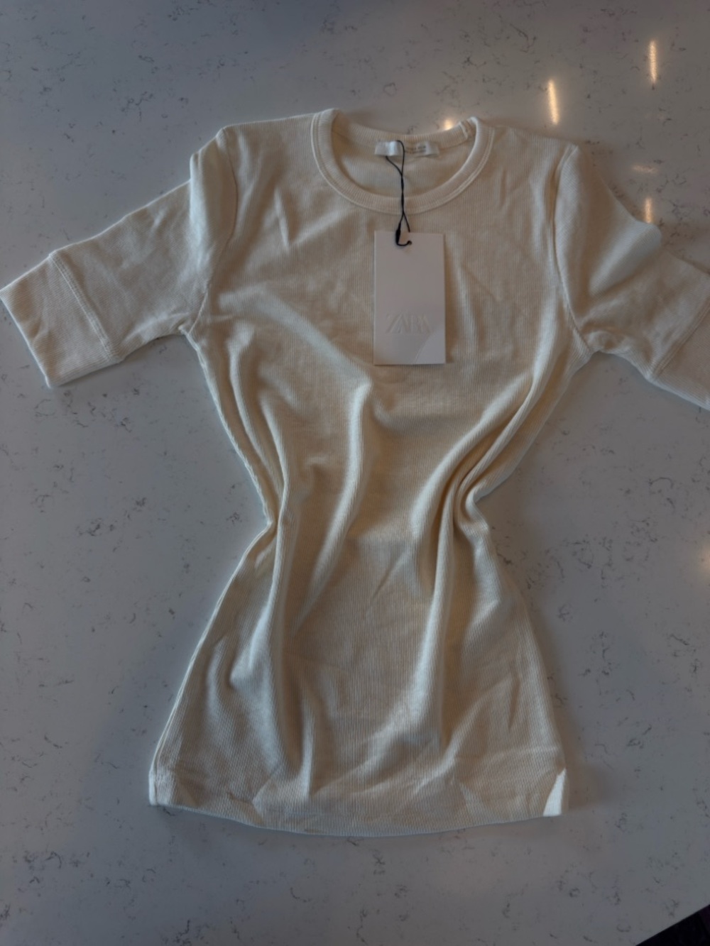 Zara Cream Ribbed Short Sleeve Crewneck Top